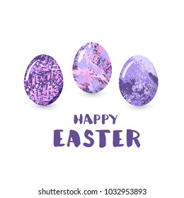 Easter eggs with Happy Easter handwritten lettering isolated on white background.  Ultra violet palette colors. Element for graphic design - banner, poster, flyer, card. Vector illustration.
