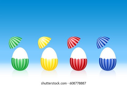 Easter eggs - hard boiled egg white - cracked half peeled shell - striped pattern - four different colors. Three-dimensional vector illustration on gradient blue background.
