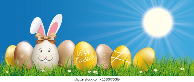 Easter eggs with hare ears in the green nature. Eps 10 vector file.