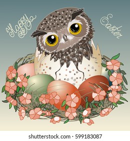 Easter Eggs hatch with Owlet, cute owl chick just hatched in a broken shell of its egg, looking sideways with milky way reflection in its eyes, newborn eagle-owl baby bird, vintage ester postcard