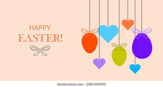 Easter eggs and hearts card, print or poster. Vector design. Bright coloring concept. Happy Easter illustration. 