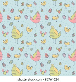 Easter eggs, hen and chicken cartoon hand drawn seamless texture