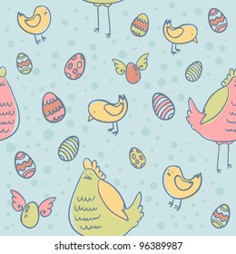Easter eggs, hen and chicken cartoon hand drawn seamless texture
