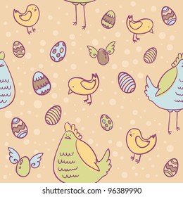 Easter eggs, hen and chicken cartoon hand drawn seamless texture