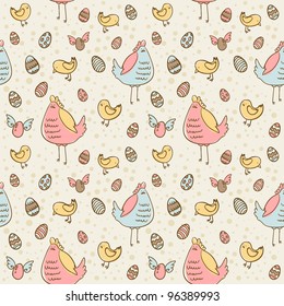 Easter eggs, hen and chicken cartoon hand drawn seamless texture