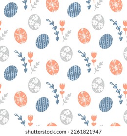 Huevos de Pascua, hierbas y flores son un patrón sin fisuras. Delicados antecedentes de vacaciones de primavera. Impresión del domingo de Pascua para textiles, embalaje, decoración y diseño. Ilustración plana vectorial