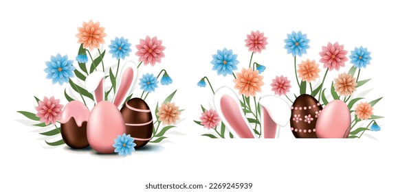 Easter eggs, hidden Bunny in flowers. Design elements for greeting cards, prints, banners, etc. 
