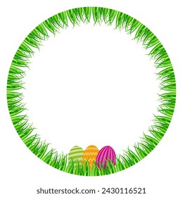 Easter eggs hidden in a green grass circle. Colorful Paschal eggs, arranged in a circular lawn. Symbol for egg hunt, a treasure hunt played at Easter during which children look for hidden Easter eggs.