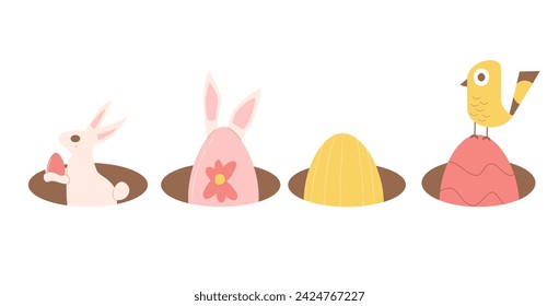 Easter eggs hidden in the hole. Egg hunt event elements. Spring holiday party. Celebration with entertainment. Vector flat illustration.
