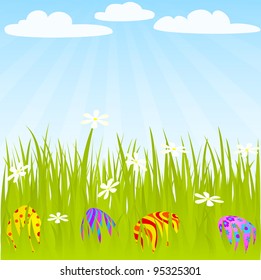 Easter eggs hidden on the grass. Global colors.