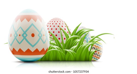 Easter eggs hiding in green grass vector realistic illustration. Easter holidays banner, greeting mock-up design