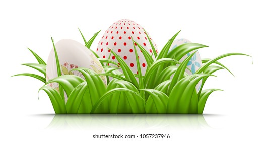 Easter eggs hiding in green grass vector realistic illustration. Easter holidays banner, greeting mock-up design