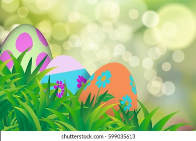 Easter eggs hiding on grass with green bokeh and sun rays background.Template for Easter season greeting card, banner and poster in vector illustration to celebrate the festival.