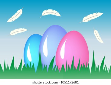 Easter eggs. Holiday background. Grass and feathers