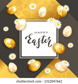 Easter eggs and holiday card with lettering Happy Easter on gold and black background, illustration.