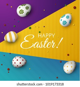 Easter eggs holiday trendy background on colorful surface. Vector EPS10.