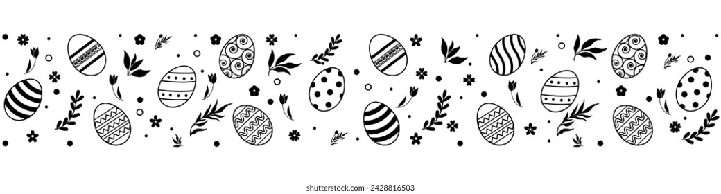 Easter eggs horizontal seamless pattern.Easter seamless border. Easter decoration with  eggs.Hand drawn easter bunnies background