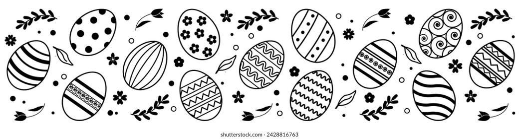 Easter eggs horizontal seamless pattern.Easter seamless border. Easter decoration with  eggs.Hand drawn easter bunnies background