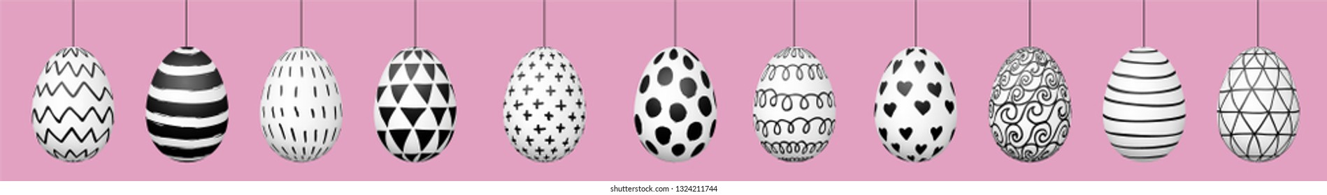 Easter eggs horizontal web banner. Hand drawn Easter eggs with black and white ink pattern on pink background
