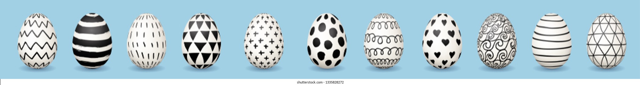 Easter eggs horizontal web banner. Hand drawn Easter eggs with black and white ink pattern on blue background