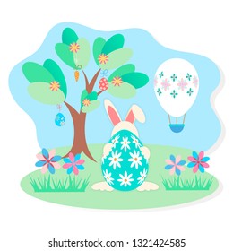 Easter eggs hunt concept. Vector illustration. Flowers in the meadow, a hare hiding behind a painted egg, a tree with Easter gifts and an Easter decorated egg in the form of a balloon.