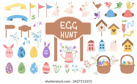 Easter eggs hunt event elements. Spring holiday party. Celebration with entertainment. Vector flat illustration.