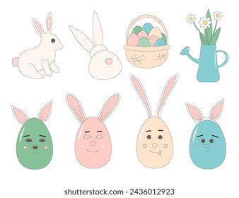 Easter eggs hunt isolated on white background. Cute mascots with basket and bunny. Vector flat with outline illustration on pastel color.