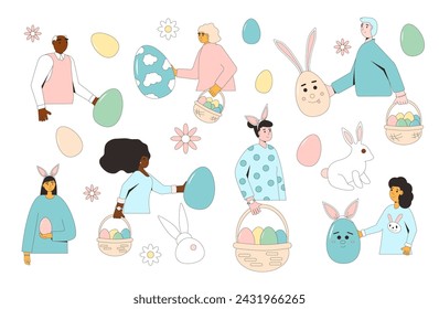 Easter eggs hunt set isolated on white background. People with eggs, bunny ears, baskets flowers. Celebration spring holiday. Vector flat illustration.