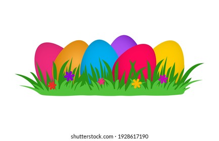 Easter eggs hunt vector. Colorful egg in grass. Holiday spring illustration