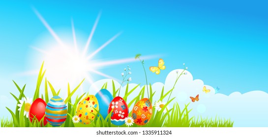 Easter eggs hunting and batterflies on a grass. Blue sky and a sun. Holiday spring design for card, banner, ticket, leaflet, poster and so on. Template with space for text.