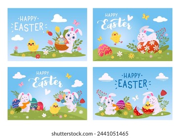 Easter eggs hunting cards. Traditional spring festival posters with cute Easter bunny and painted eggs flat vector background illustration set. Happy Easter holidays backdrops