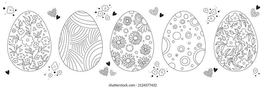 Easter eggs icon collection in doodle style with flower pattern. Hand drawn illustration. Eggs set isolated on white background with different pattern for greeting card