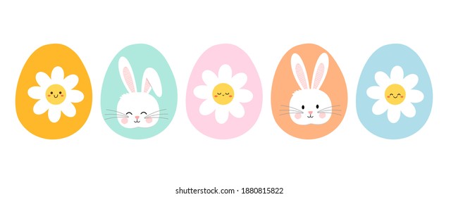 Easter eggs icon set with daisy flower and rabbit head isolated on white background vector illustration. Cute cartoon style.