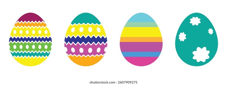 Easter eggs icon set. Happy easter egg flat style icon collection in colorful and multicolored for traditional hunting celebration. Vector illustration flat oval shape elements on white background.