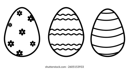 Easter eggs icon set. Spring linear egg icons with different pattern style.  vector illustration  for card, invitation, print, sticker, banner, poster. Easter egg festival.