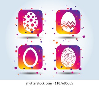 Easter eggs icons. Circles and floral patterns symbols. Tradition Pasch signs. Colour gradient square buttons. Flat design concept. Vector