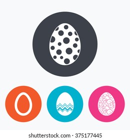 Easter eggs icons. Circles and floral patterns symbols. Tradition Pasch signs. Circle flat buttons with icon.