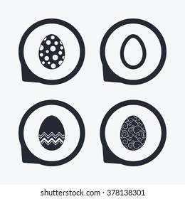 Easter eggs icons. Circles and floral patterns symbols. Tradition Pasch signs. Flat icon pointers.