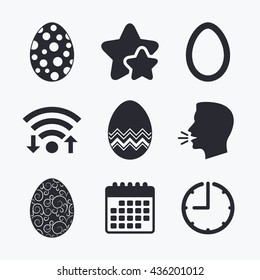 Easter eggs icons. Circles and floral patterns symbols. Tradition Pasch signs. Wifi internet, favorite stars, calendar and clock. Talking head. Vector