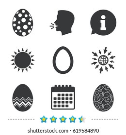 Easter eggs icons. Circles and floral patterns symbols. Tradition Pasch signs. Information, go to web and calendar icons. Sun and loud speak symbol. Vector