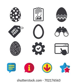 Easter eggs icons. Circles and floral patterns symbols. Tradition Pasch signs. Browser window, Report and Service signs. Binoculars, Information and Download icons. Stars and Chat. Vector