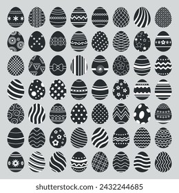 Easter eggs icons. Easter day festival. Vector illustration. Black white Easter eggs set on white background. template for festive decorations, postcards, shop windows, logos, etc,