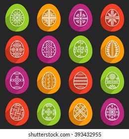 Easter Eggs Icons.
Set of white Easter egg icons in color circles with long transparent shadows.
Decorated with Slavic ancient symbols of long happy life etc.