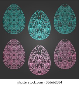 Easter eggs icons set. eggs in zentangle doodle style.linear style