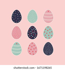 Ostereier-Symbole. Vektorillustration Illustration.Osterferien-Design auf rosafarbenem Hintergrund. Ostereier mit unterschiedlicher Textur