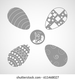 Easter eggs icons vector set with geometric patterns on the gradient gray background.