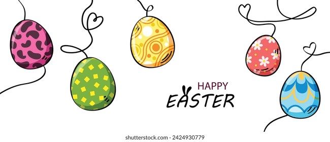 Easter eggs illustration banner. Concept of easter egg hunt or egg decoration art. Cartoon style, horizontal poster, greeting card, header for website. Vector illustration.