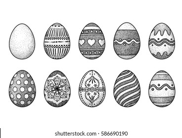 Ilustración de huevos de pascua, dibujo, grabado, vectorial