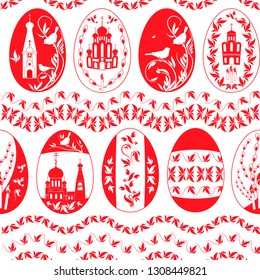 Easter eggs with the image of Orthodox churches and ornaments, a shameless vector pattern