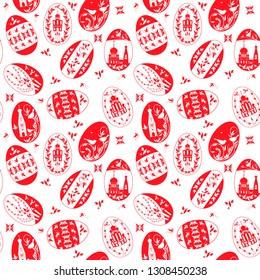 Easter eggs with the image of Orthodox churches, shameless vector pattern